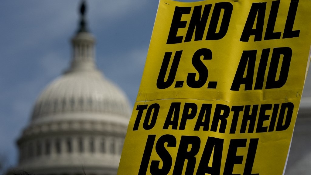 Demonstrators gather to protest against Israel, outside the US Capitol in Washington DC, on 30 April 2022.