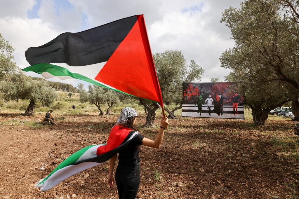A protestor waves a Palestinian national flag during a demonstration near the city of Sakhnin in northern Israel, on 5 May 2022 (AFP)