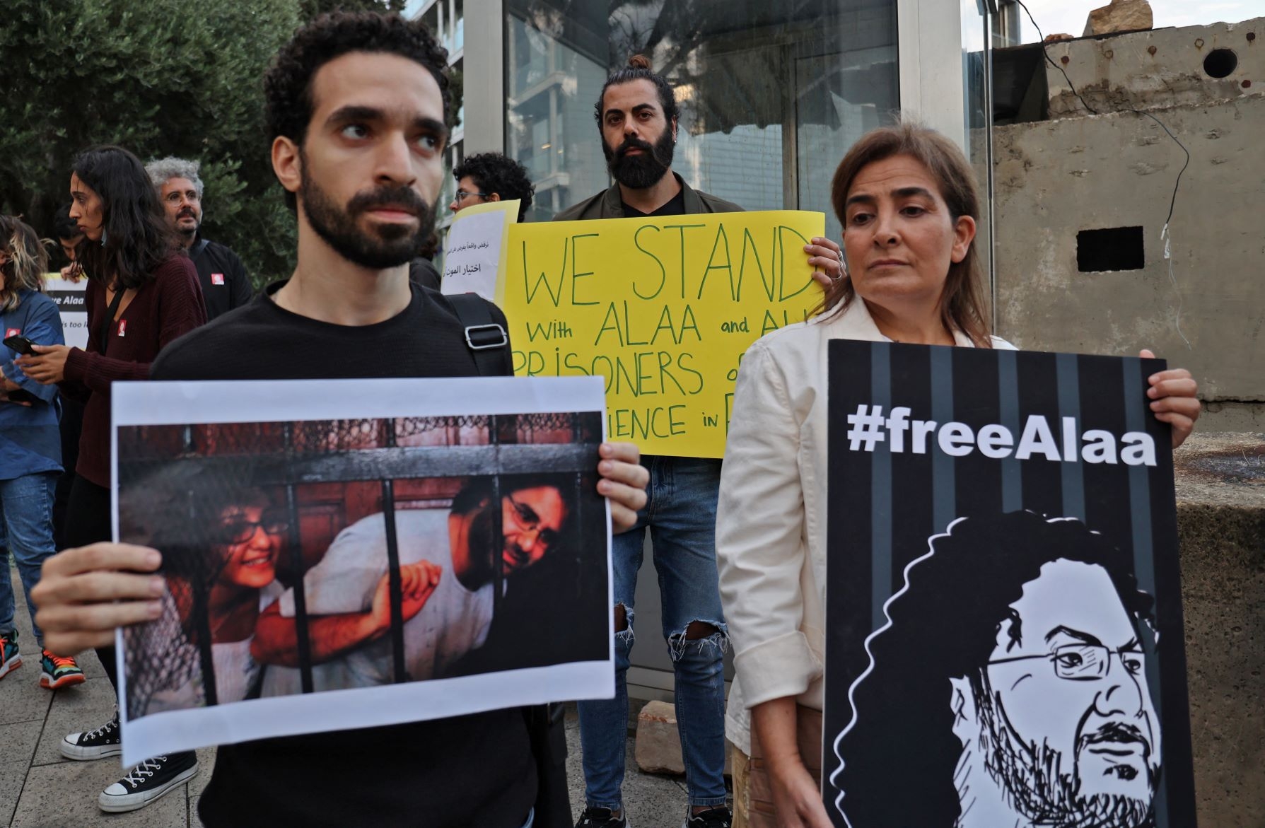Protesters gather on November 7, 2022 near the British embassy in the Lebanese capital Beirut to demand the release of jailed British-Egyptian political dissident Alaa Abdel Fattah (AFP)