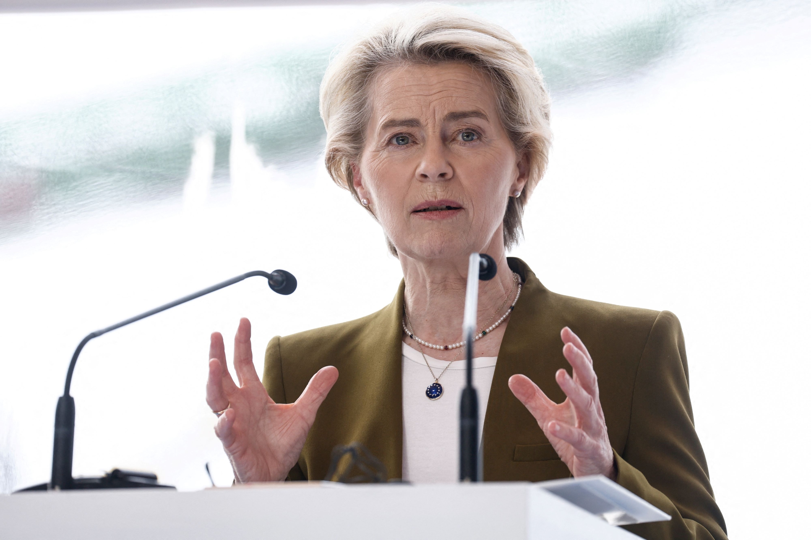 President of the European Commission Ursula von der Leyen speaks during the North Sea summit in Ostend, on April 24, 2023 (AFP)
