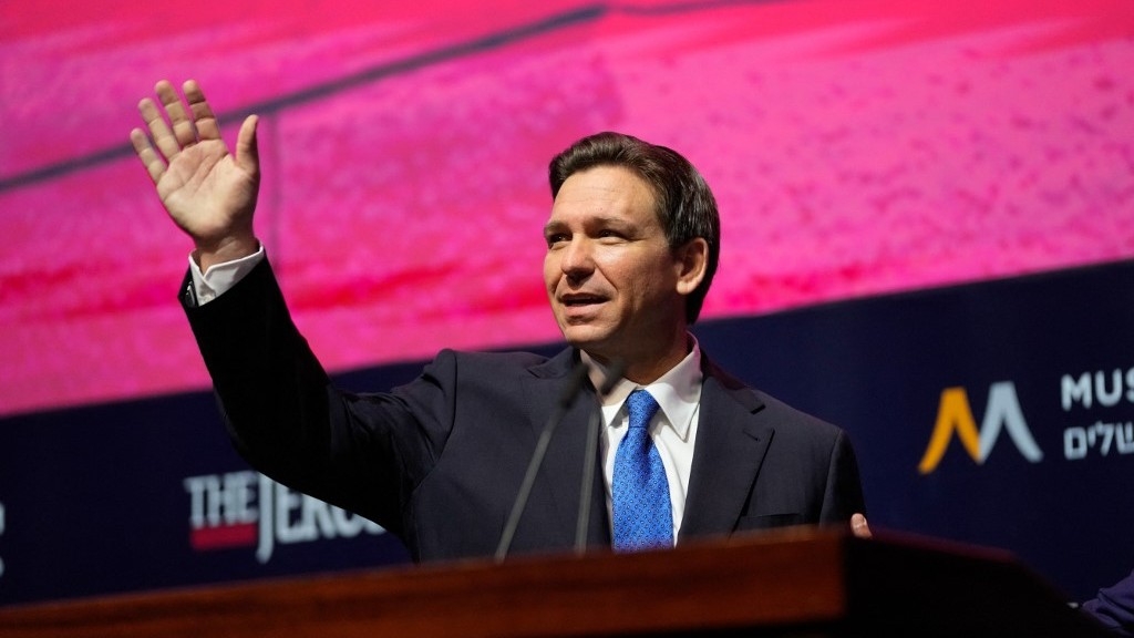 Florida Governor Ron DeSantis speaks during a conference titled “Celebrate the Faces of Israel” at Jerusalem's Museum of Tolerance, on 27 April 2023.