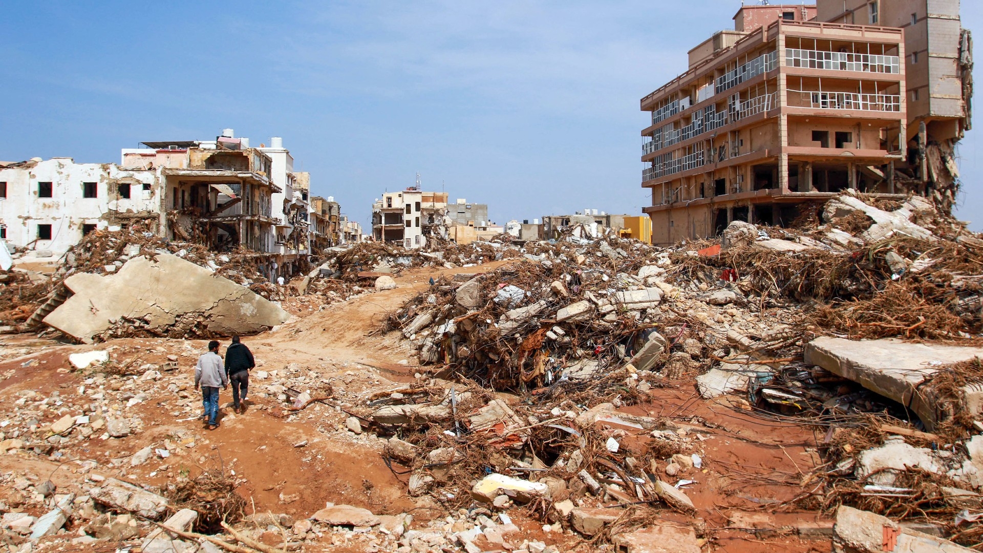 The debris of buildings destroyed by flash floods in Derna, eastern Libya, on 11 September 2023