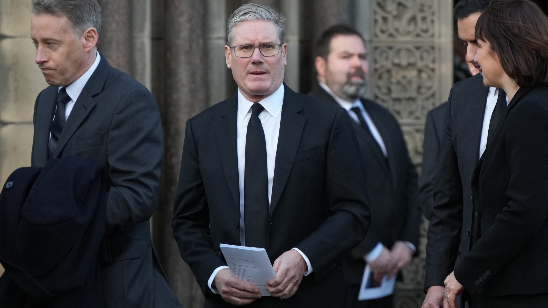 Britain's opposition Labour Party leader Keir Starmer leaves at the end of the funeral service of former British Chancellor of the Exchequer Alistair Darling at St Mary's Episcopal Cathedral in Edinburgh, Scotland on December 19, 2023. Alistair Darling served as a Labour MP between 1987 and 2015, first for Edinburgh Central and then for Edinburgh South West. He died, aged 70, in November.