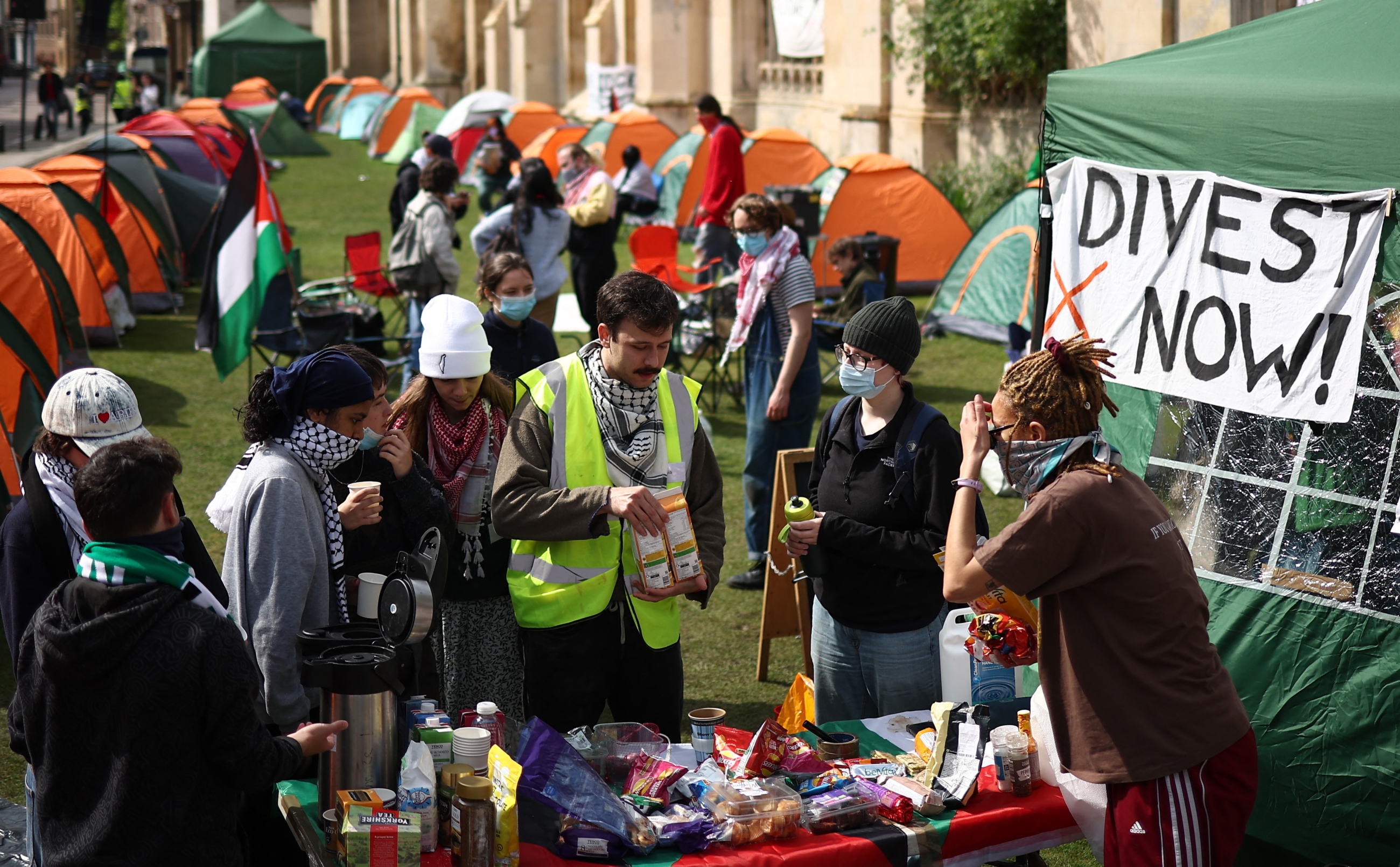 Students at the encampment on Cambridge's iconic King's Parade (AFP)