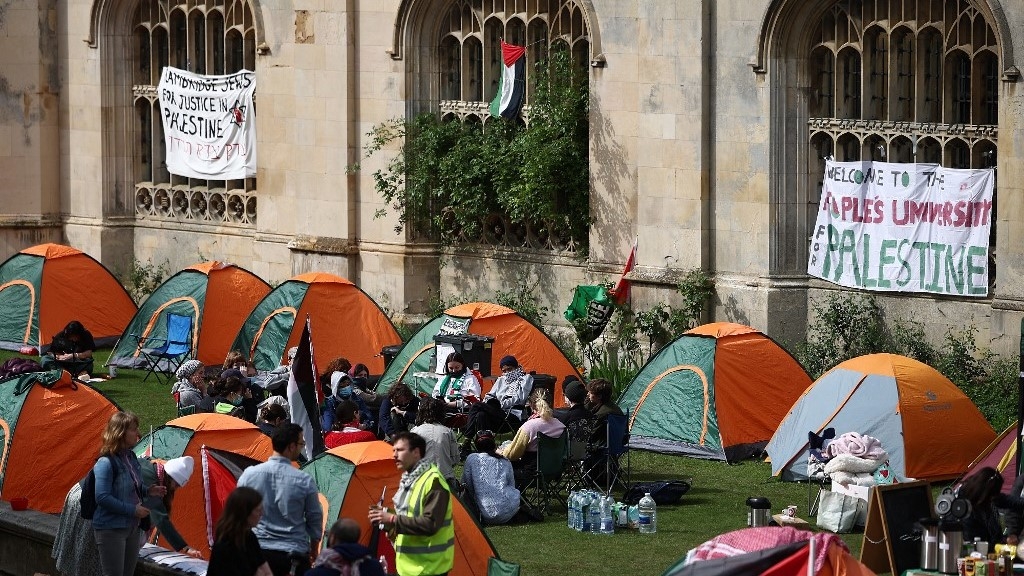 Cambridge University students protest in support of Palestinians by setting up camp and erecting banners (AFP)