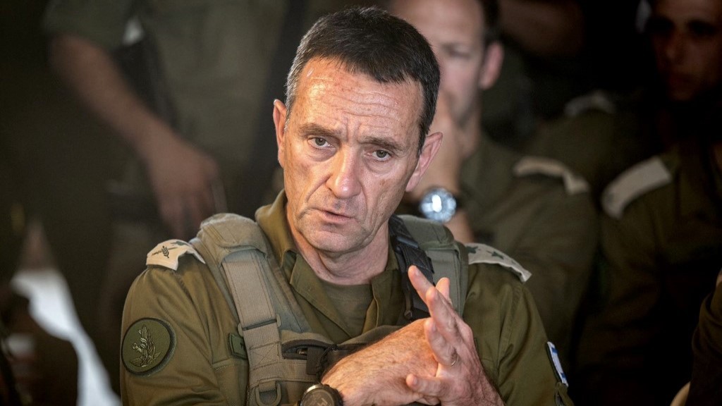 Israeli army Chief of General Staff Herzi Halevi addressing officers during a military exercise of the 55th Reserve Brigade along the northern border with Lebanon on 26 June (AFP)