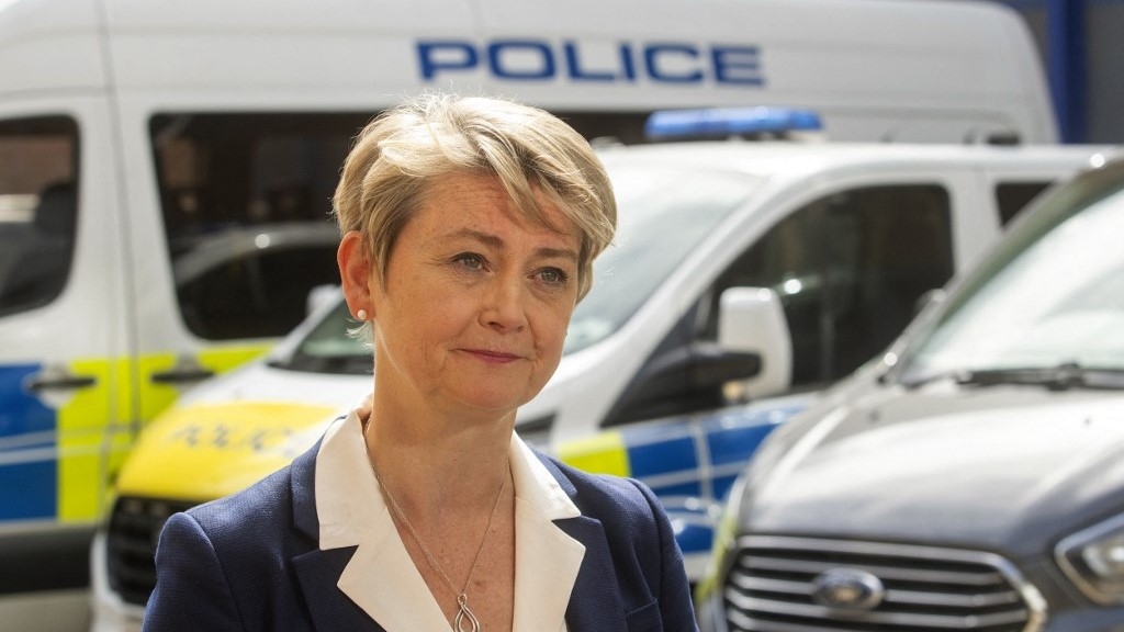 Britain's Home Secretary Yvette Cooper on a visit to Lewisham Police Station, where she met with Metropolitan Police officers and policing teams, in south London on July 8, 2024. (AFP)