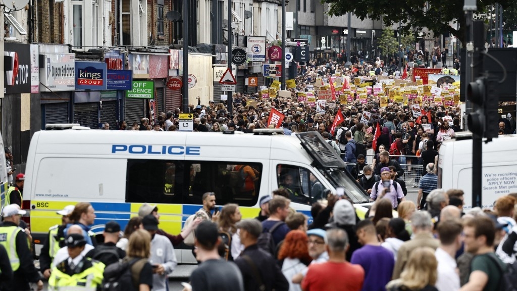 Anti-racism protest in Walthamstow, north-east London, on Wednesday evening (AFP)