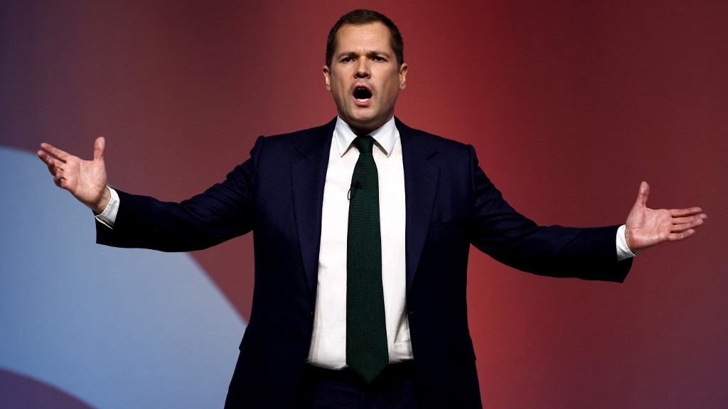 Leadership candidate Robert Jenrick delivers a speech on the final day of the annual Conservative Party Conference in Birmingham, central England, on October 2