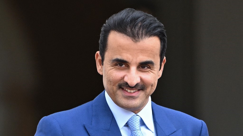 Qatar's Emir Sheikh Tamim bin Hamad al-Thani is pictured upon arrival for his official visit at Schloss Meseberg palace in Meseberg, north of Berlin, on October 22, 2024. (AFP)