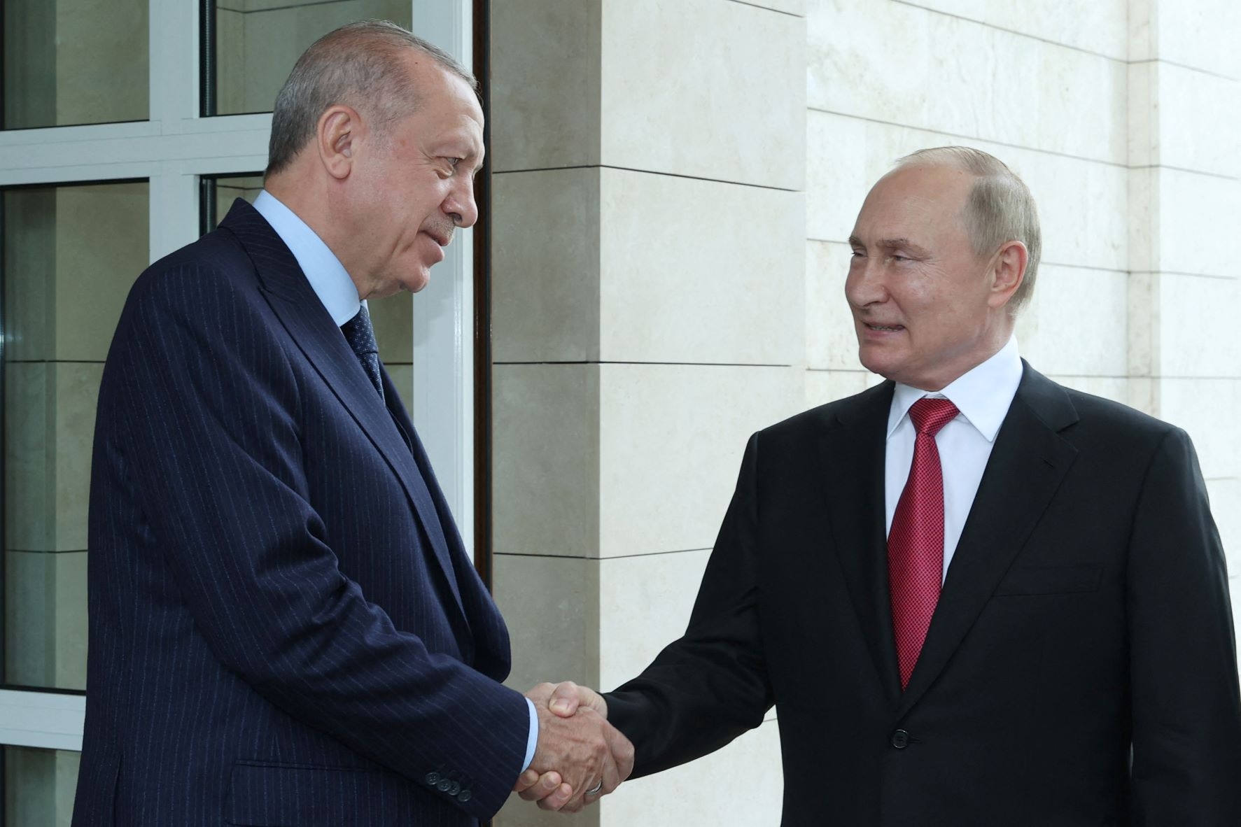 A handout photograph taken and released on 29 September 2021 by the Turkish Presidential Press service shows Russian President Vladimir Putin (R) shaking hands with Turkish President Recep Tayyip Erdogan (L) after their meeting at the Russian Official Residence of Presidency in Sochi (AFP)
