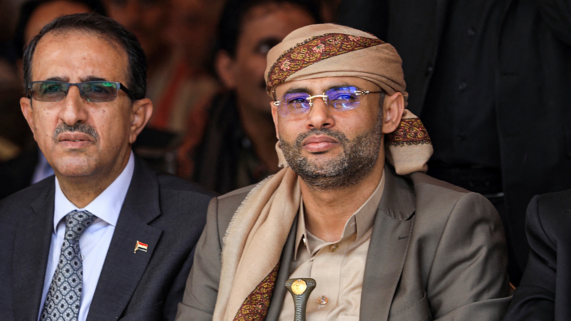 Mahdi al-Mashat (R), head of the Huthi Supreme Political Council pictured at a ceremony in Yemen's capital Sanaa on 9 October 2021 (AFP)