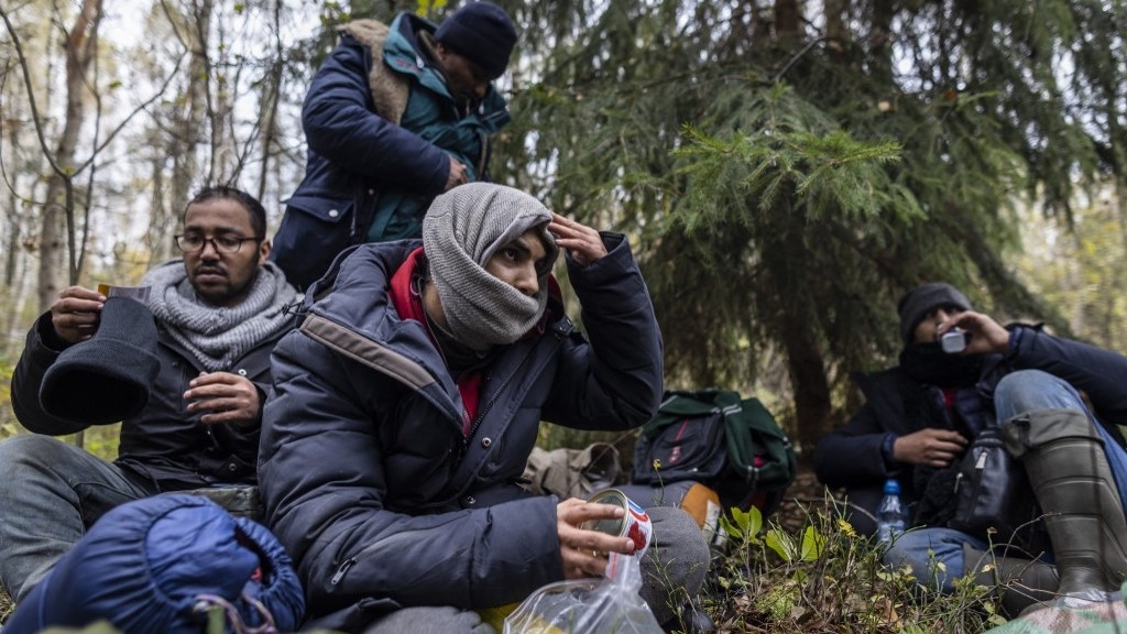 A group of migrants from Yemen are seen in the woods near Grodek, Poland, on 16 October 2021 (AFP)