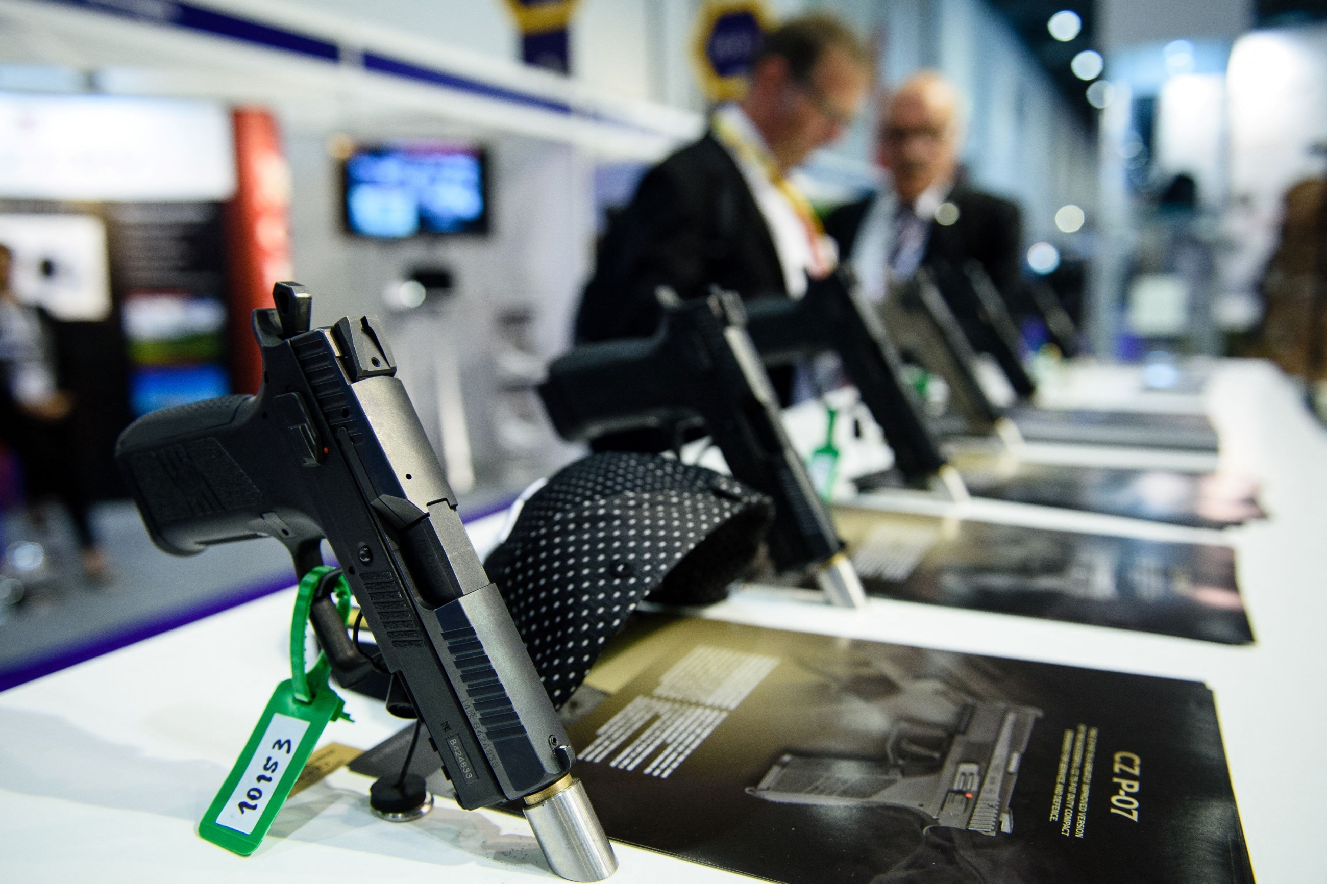 Handguns on display inside the ExCeL centre in London in September 2015 during the Defence and Security Equipment International (DSEI) exhibition