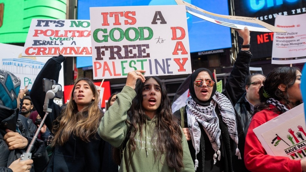 Supporters of Palestine demonstrate in Times Square on 8 April 2023 in New York City