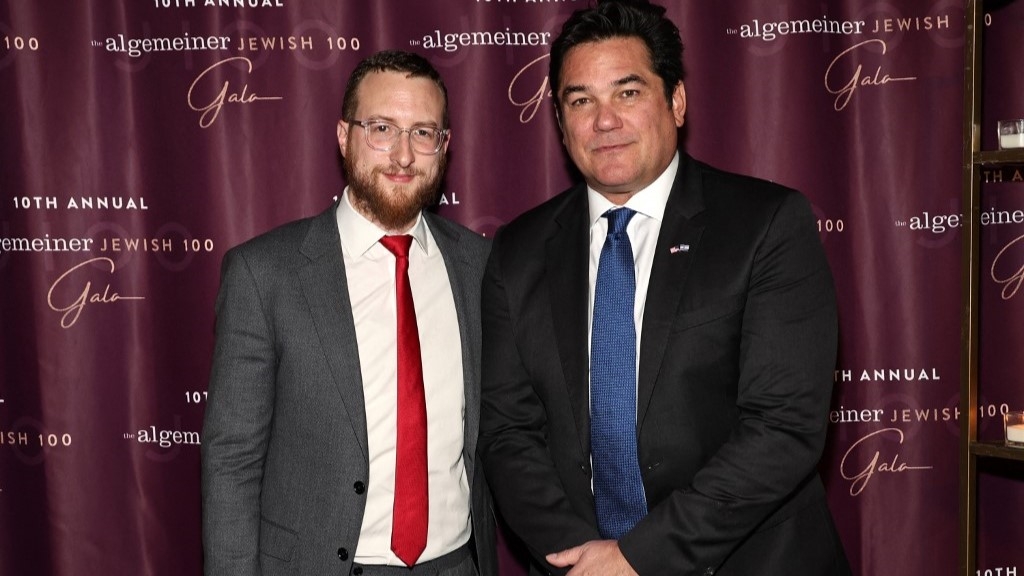 Dovid Efune (left) and actor Dean Cain attend the Algemeiner's Jewish 100 Gala at Capitale on October 25, 2023 in New York City (AFP)