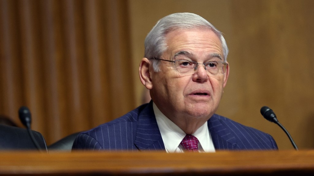 US Senator Bob Menendez questions former Governor Martin O'Malley, Biden's nominee for Commissioner of Social Security, before the Senate Finance Committee on 2 November 2023.