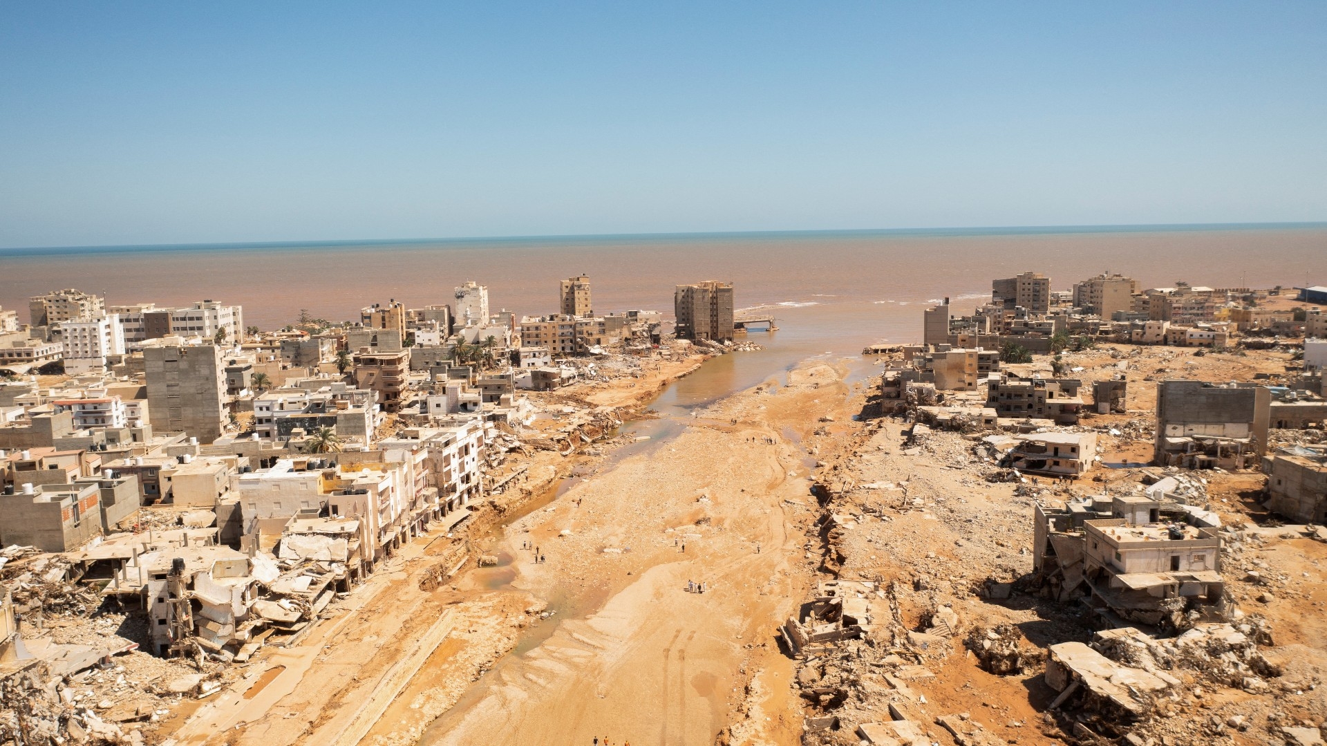 An aerial view of Derna city in the aftermath of the floods, on 14 September (Reuters)