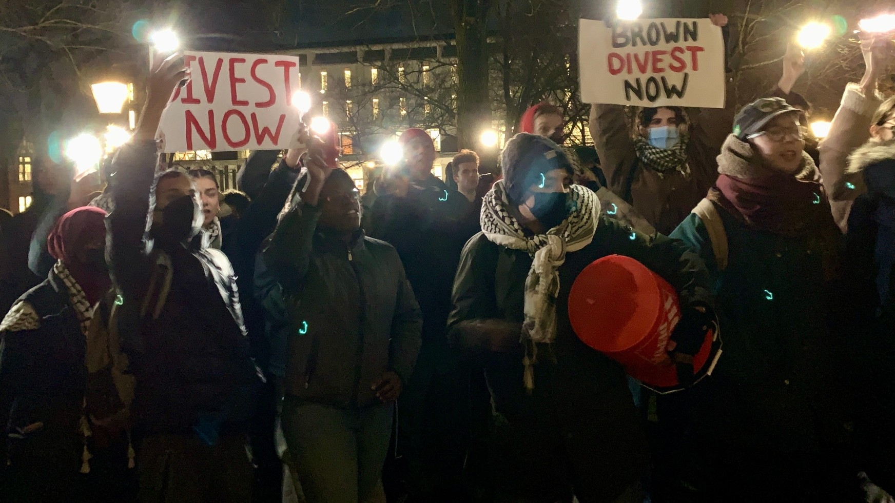 Brown University students gathered outside University Hall demanding that the school divest from weapons manufacturers amid Israel's war on Gaza 29 April 2024 (Amy Russo/Reuters)