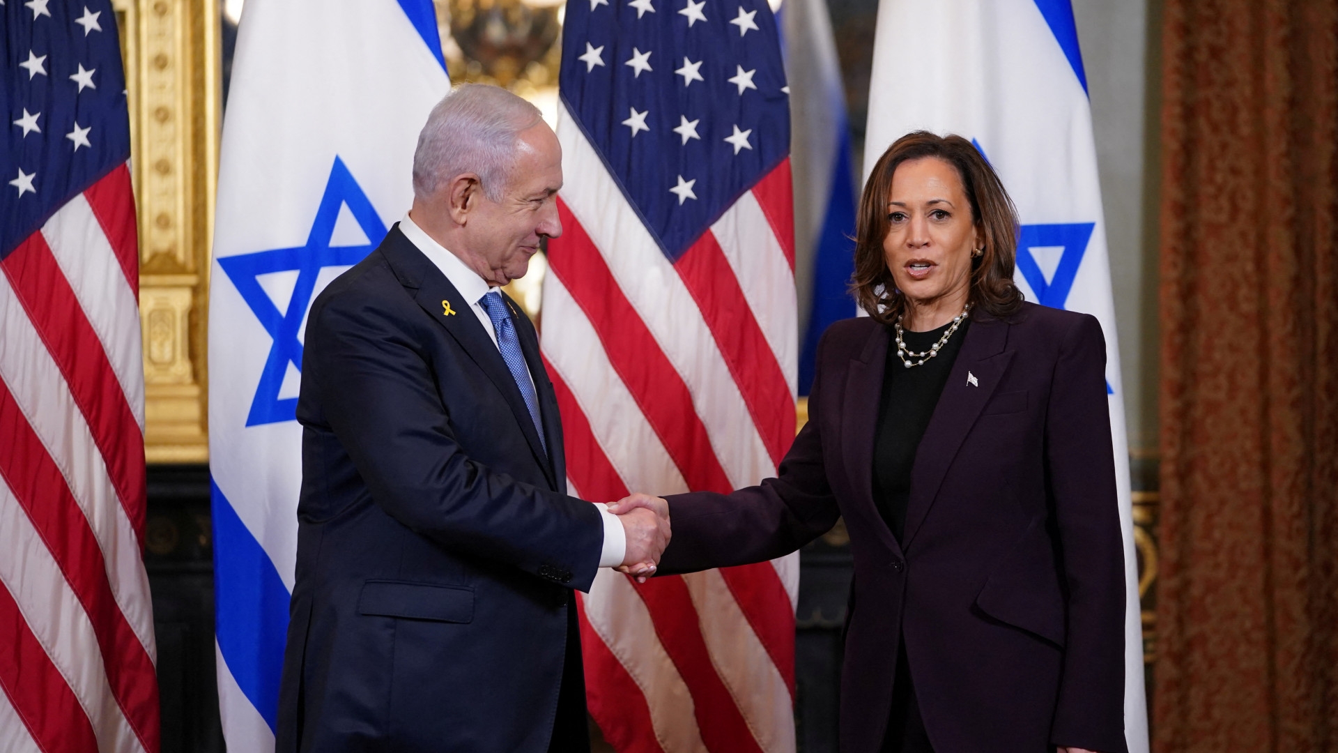 US Vice President Kamala Harris meets with Israeli Prime Minister Benjamin Netanyahu in Washington on 25 July 2024 (Reuters/Nathan Howard)