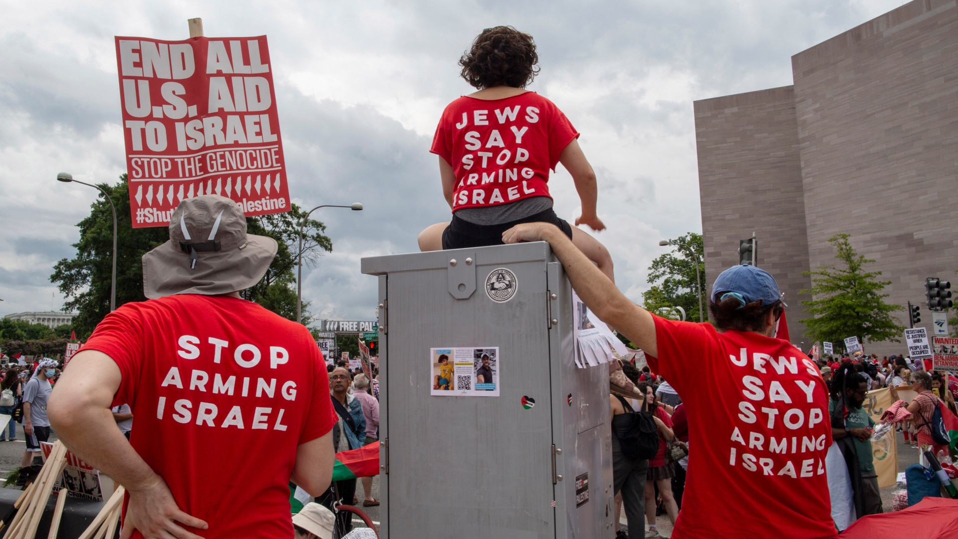 Demonstrators gather outside Capitol Hill in protest of US support for Israel and Benjamin Netanyahu's speech in Congress, in Washington DC, 24 July (Probal Rashid/Sipa USA)