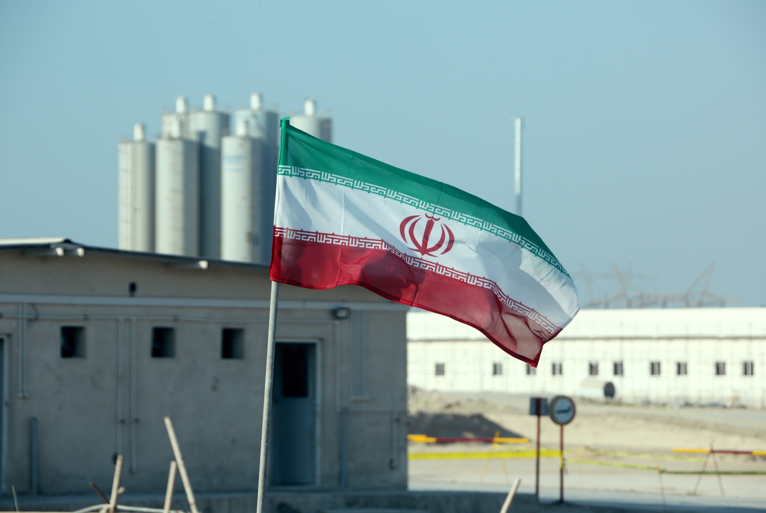 An Iranian flag at Iran's Bushehr nuclear power plant