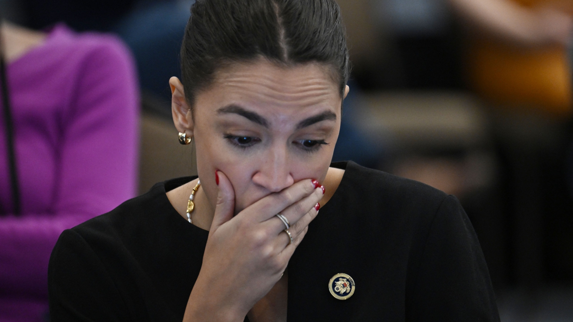 Congresswoman Alexandria Ocasio-Cortez attends the House Democratic Caucus Issues Conference in Leesburg, Virginia, on 8 February 2024 (Jim Watson/AFP)