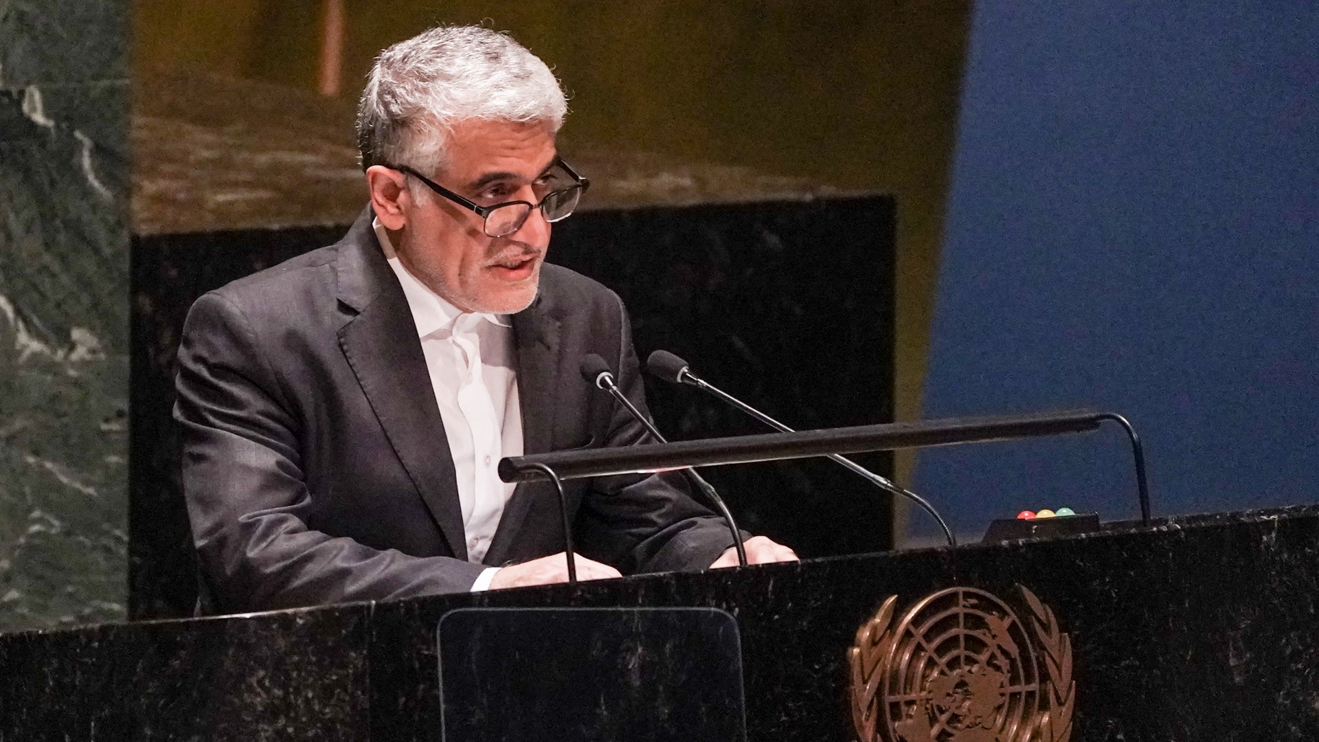 Iran's United Nations Ambassador Amir Saeid Iravani address the UN General Assembly in February (AP)