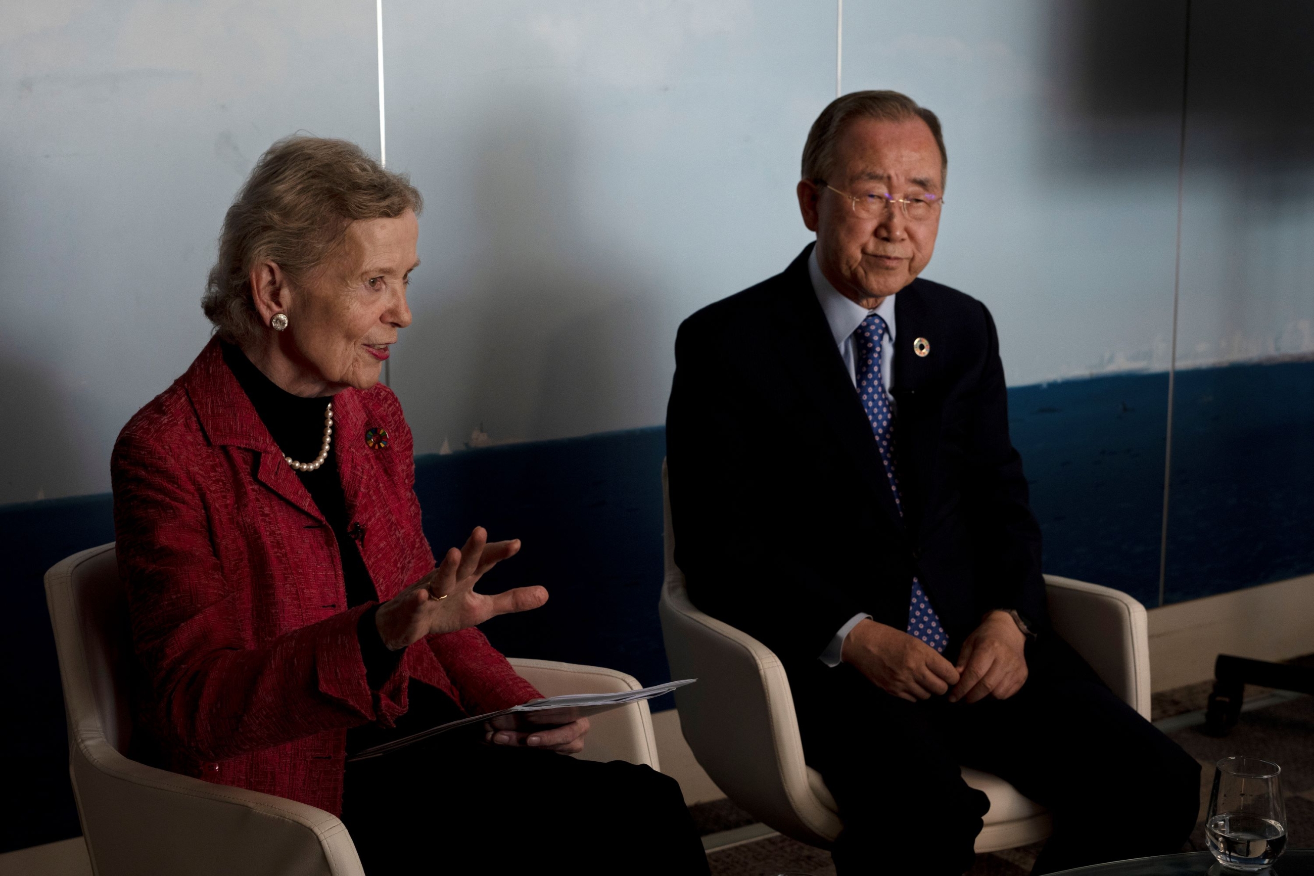 Chair of the Elders Mary Robinson, the first woman President of Ireland, left, and Ban Ki-moon, former UN Secretary-General, right, Deputy Chair of the Elders, speak during an interview in Tel Aviv, Israel, Thursday, June 22, 2023 (AP)