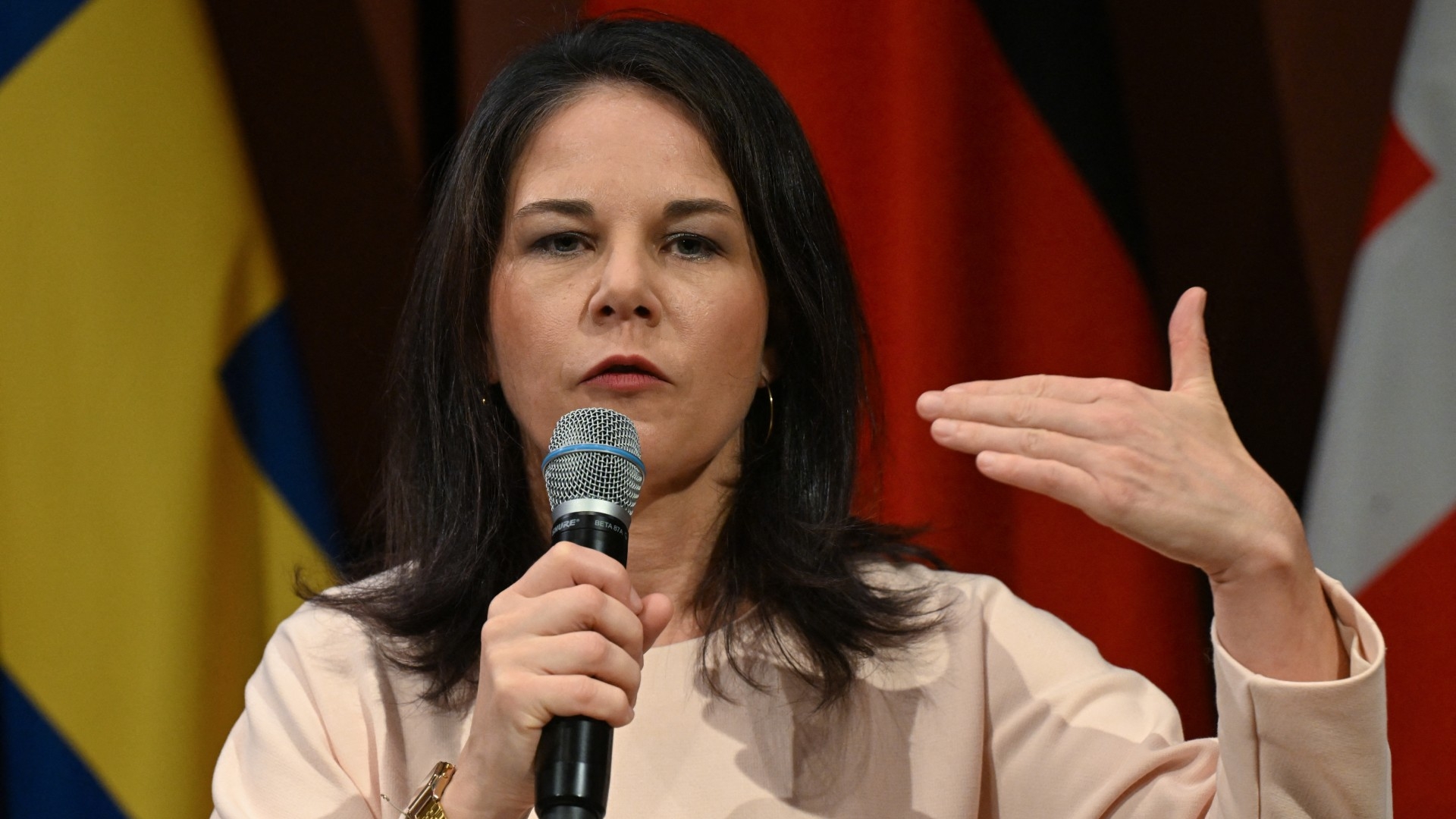 German Foreign Minister Annalena Baerbock speaks at the embassy of the Nordic countries in Berlin on 21 October 2024 (AFP/Ralf Hirschberger)