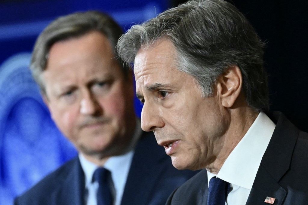 US Secretary of State Antony Blinken and British Foreign Secretary David Cameron hold a joint press conference at the State Department in Washington, DC, on 9 April 2024 (Mandel Ngan/AFP)