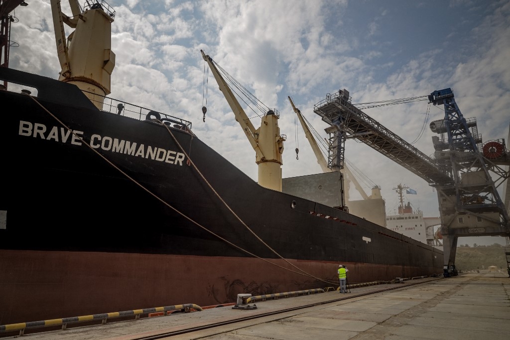 August 14, 2022, the first UN-chartered vessel MV Brave Commander loads more than 23,000 tonnes of grain to export to Ethiopia, in Yuzhne, east of Odessa on the Black Sea coast