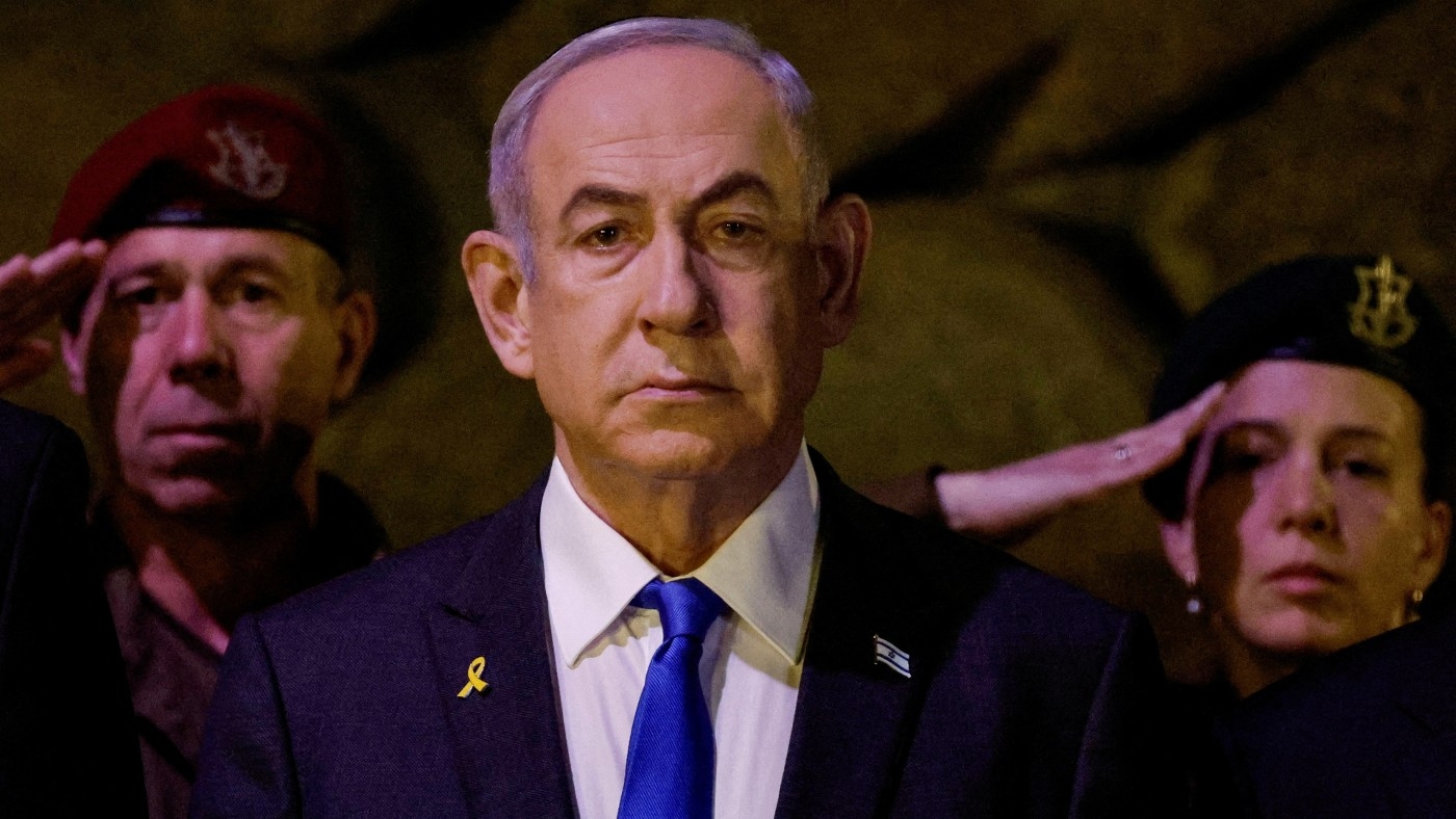 Israeli Prime Minister Benjamin Netanyahu attends a wreath-laying ceremony marking Holocaust Remembrance Day in Jerusalem, 20 May 2024 (Amir Cohen/Reuters)