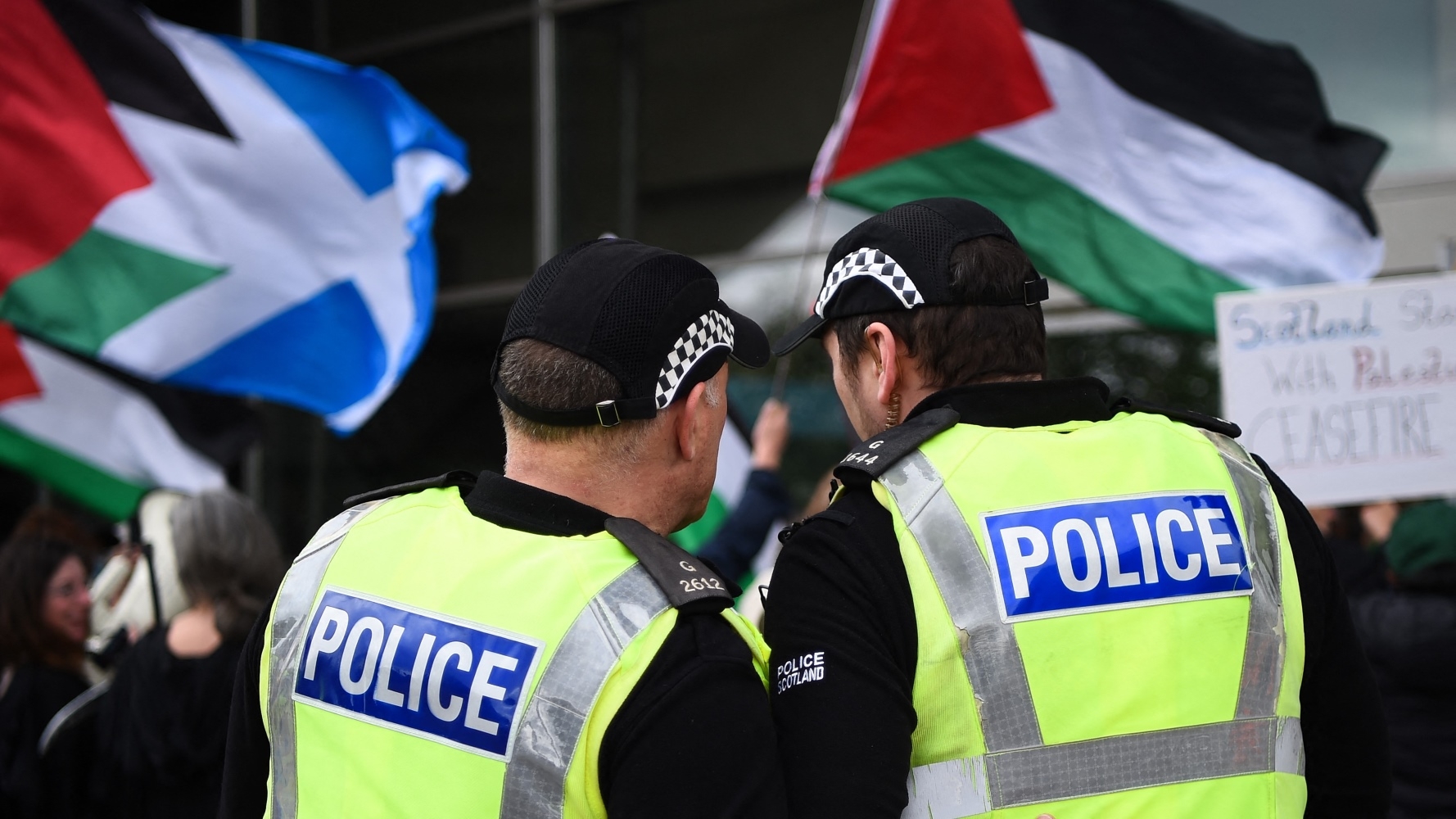 Pro-Palestine protesters at meeting of Barclays shareholders in Glasgow, Scotland on 9 May (AFP/Andy Buchanan)