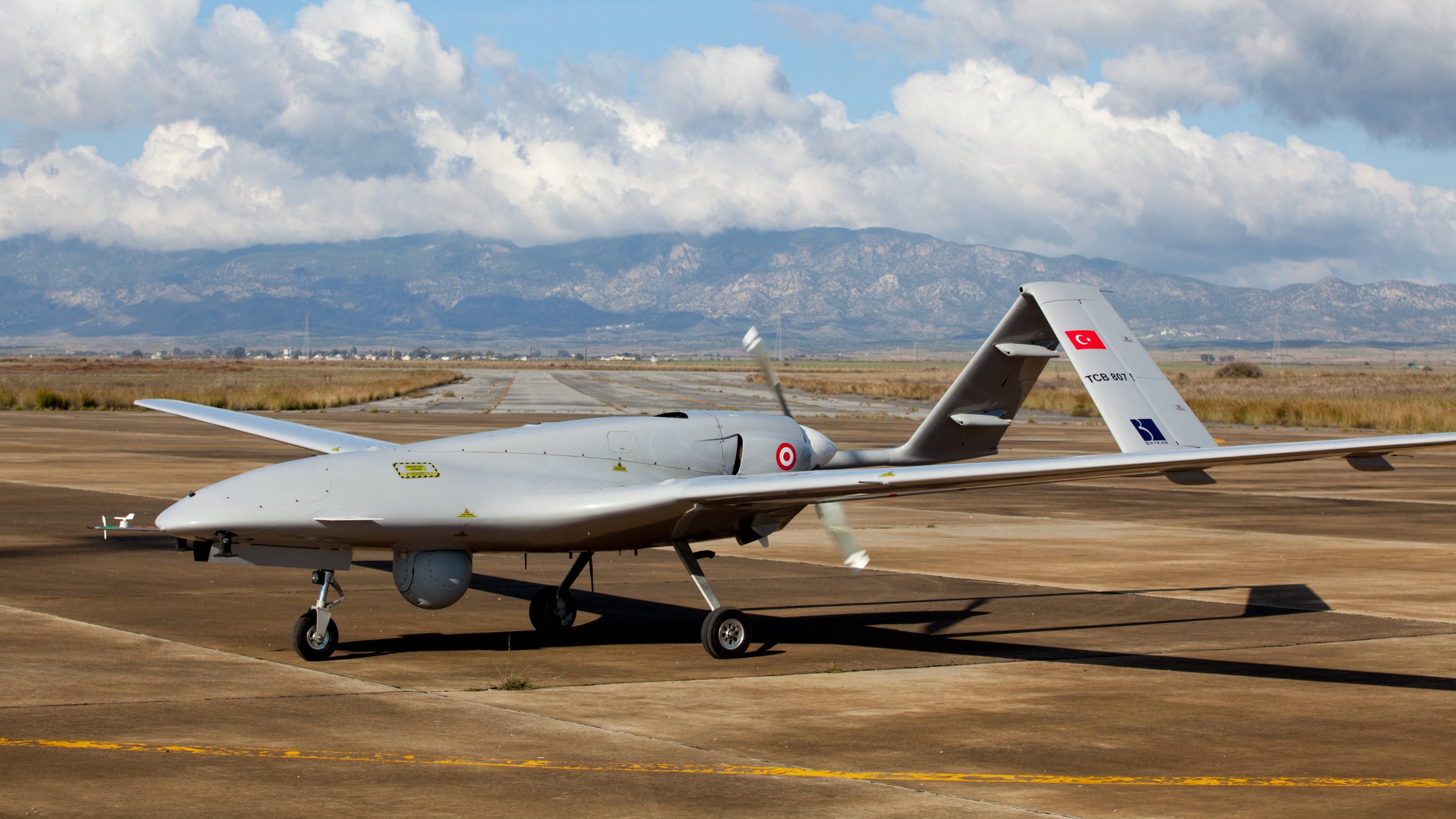 The Turkish-made Bayraktar TB2 drone is pictured at Gecitkale military airbase near Famagusta in the self-proclaimed Turkish Republic of Northern Cyprus, 16 December 2019 (AFP)