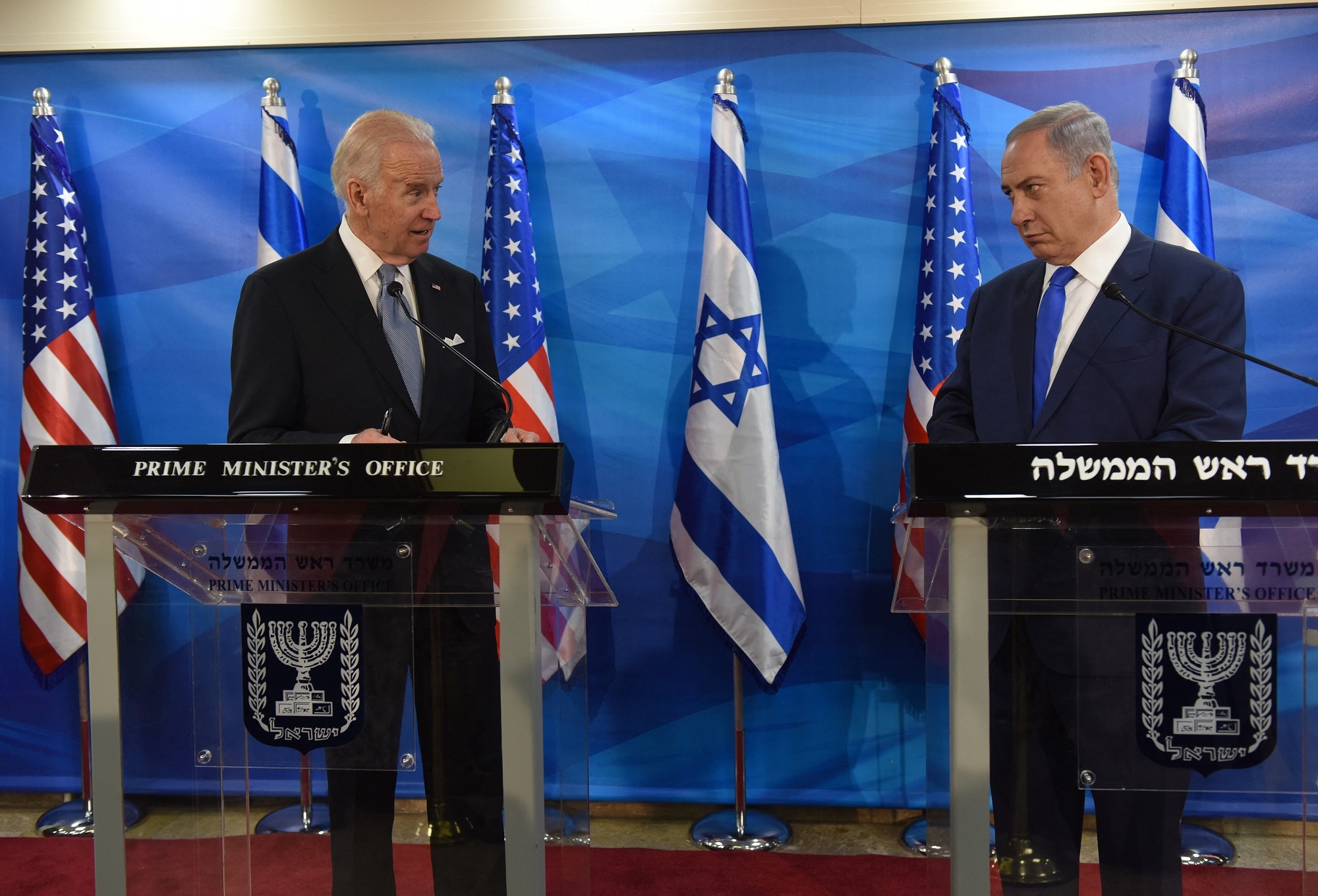 Then-Vice President Biden and Israel's Netanyahu give joint statements in Jerusalem, 9 March 2016 