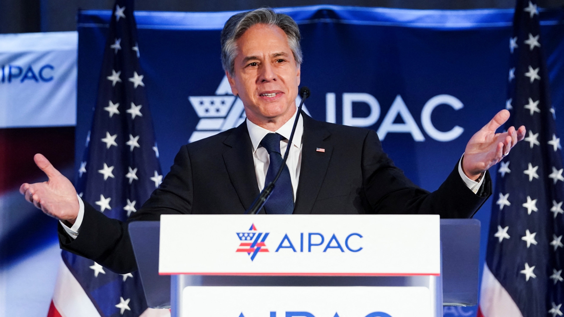 US Secretary of State Antony Blinken delivers remarks at the American Israel Public Affairs Committee (Aipac) policy summit in Washington, DC, on 5 June 2023 (Reuters/Kevin Lamarque)