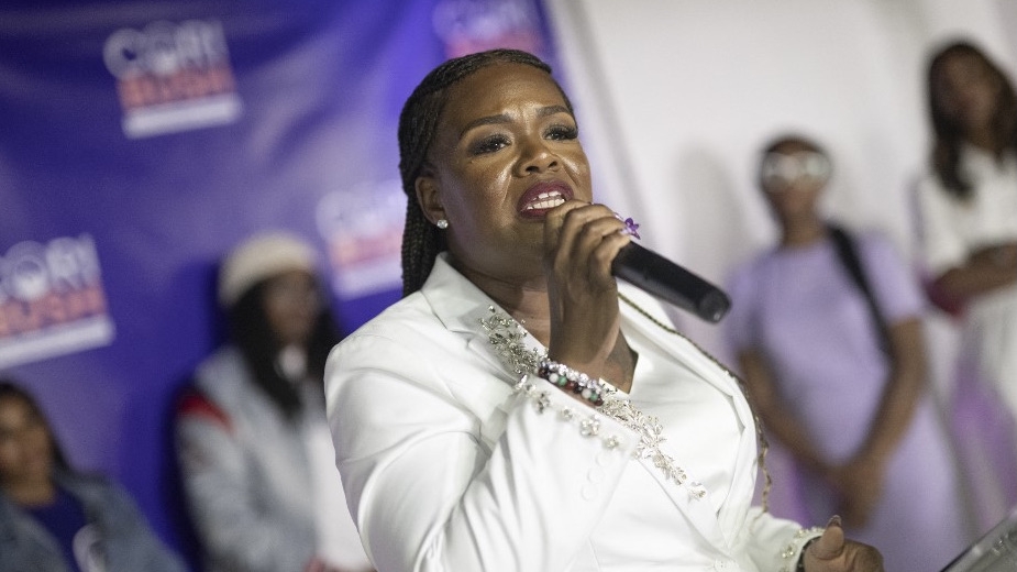 US Representative Cori Bush delivers her concession speech in St Louis, Missouri on 6 August 2024 (Michael B Thomas/AFP)