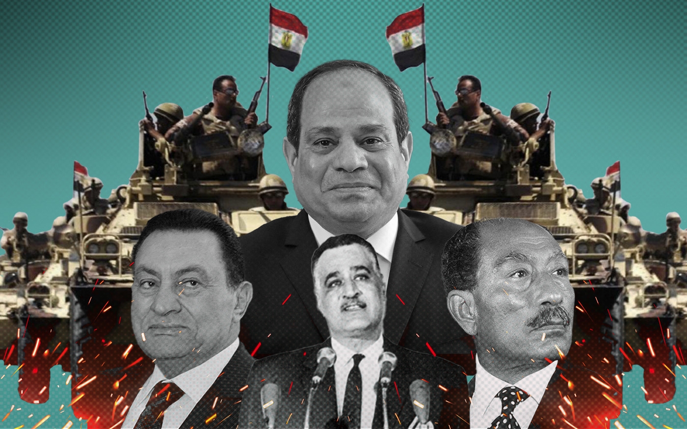 Portrait des présidents-officiers égyptiens (de gauche à droite) : Hosni Moubarak, Gamal Abdel-Nasser, Anouar el-Sadate et Abdel Fattah al-Sissi (MEE)