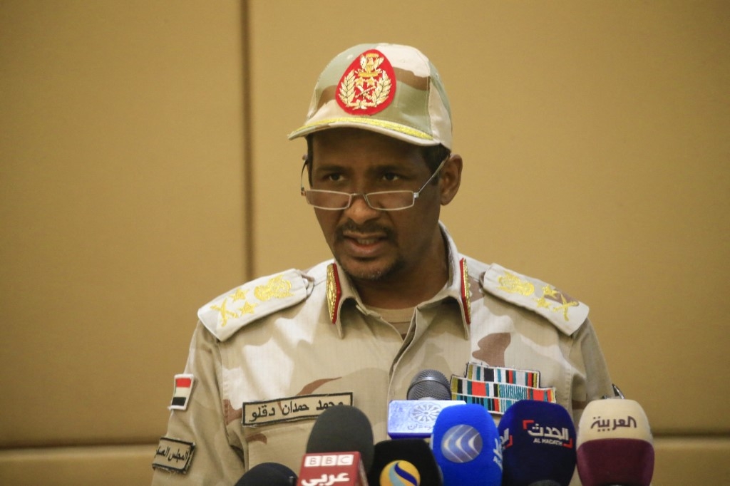 General Mohamed Hamdan Daglo pictured speaking in Khartoum in 2019 (AFP)