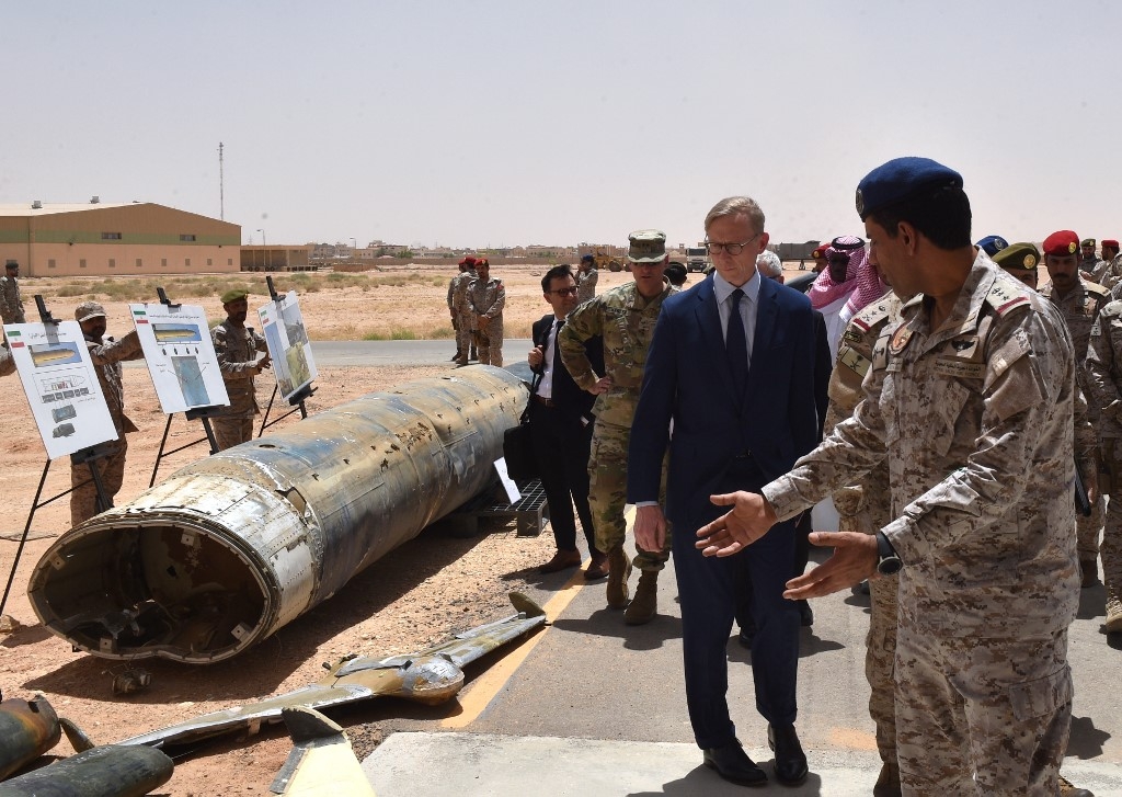 Brian Hook, then-US special representative on Iran, on 21 June 2019 checks what Saudi officials said were Iran-made Houthi missiles and drones intercepted over Saudi territory