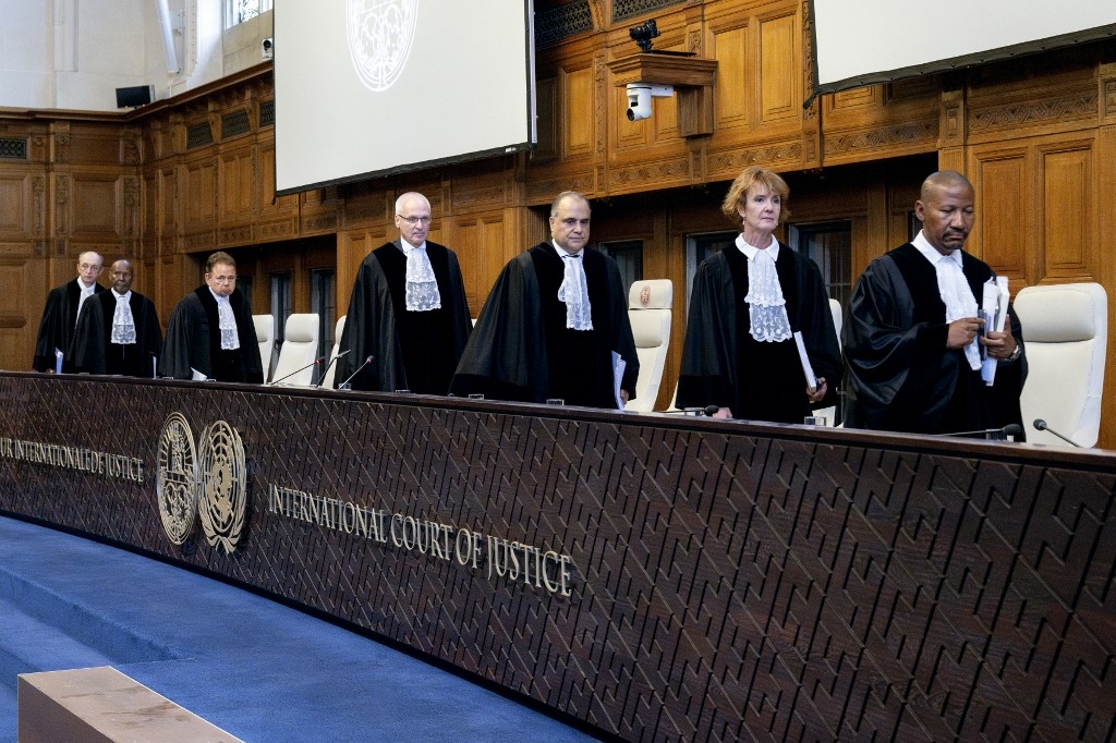 The judges leave after delivering a non-binding ruling on the legal consequences of the Israeli occupation of the West Bank and East Jerusalem at the International Court of Justice (ICJ) in The Hague on July 19, 2024.  (Nick Gammon / AFP)