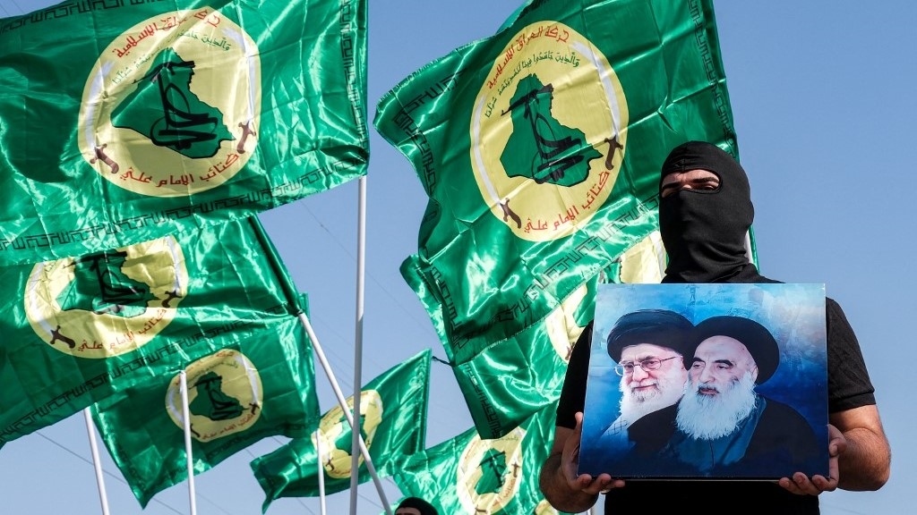 A member of the Imam Ali Battalions at a rally to mark the annual Quds (Jerusalem) Day commemorations in Baghdad on April 5 2024 (Murtaja Lateef / AFP)