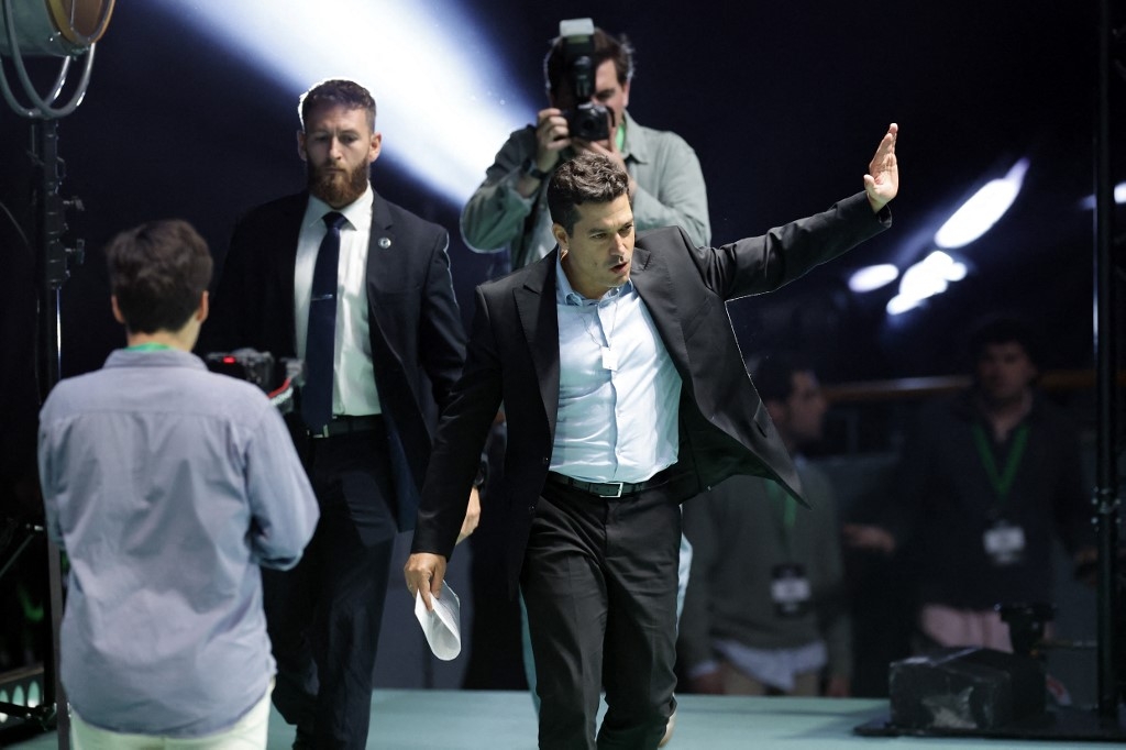 Minister of Diaspora Affairs of Israel Amichai Chikli takes part in the Spanish far-right party Vox's rally "Europa Viva 24" in Madrid on May 19 2024 (Oscar Del Pozo / AFP)