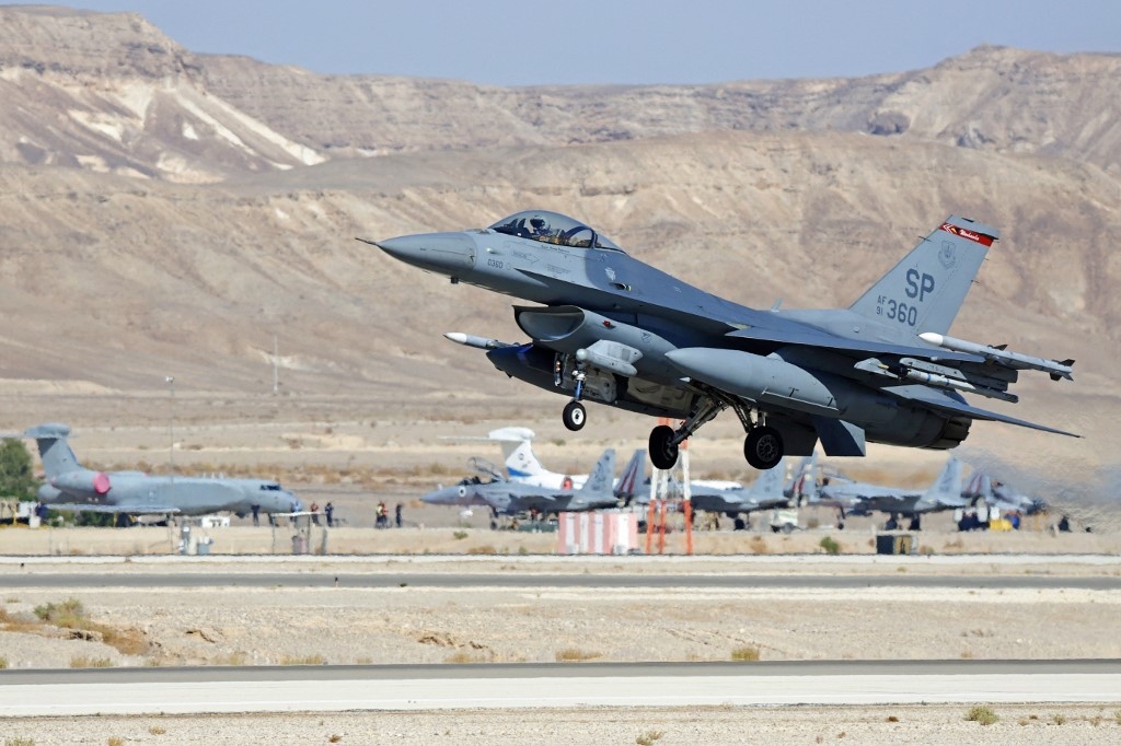 An F-16 fighter jet takes off from Ovda Air Force Base in Israel as part of joint military exercises with Western countries and India in 2021 (AFP/Jack Guez)
