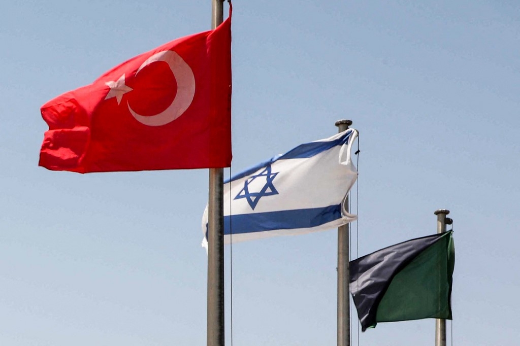 The Turkish and Israeli flags on display at the Yad La-Shiryon Tank Museum in Latrun, Israel (AFP/Gil Cohen-Magen)