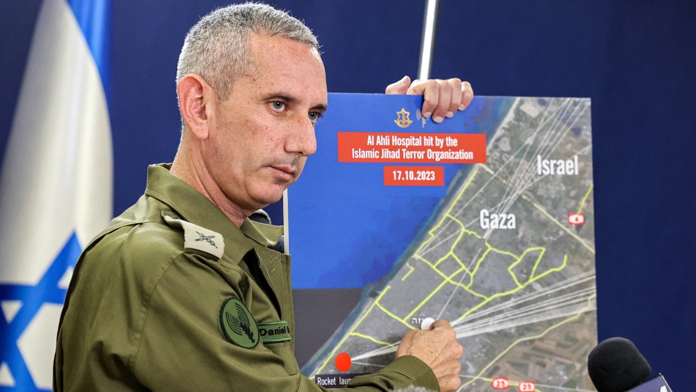 Israeli army spokesman Daniel Hagari speaks to the press from The Kirya, which houses the Israeli Ministry of Defence, in Tel Aviv on 18 October 2023