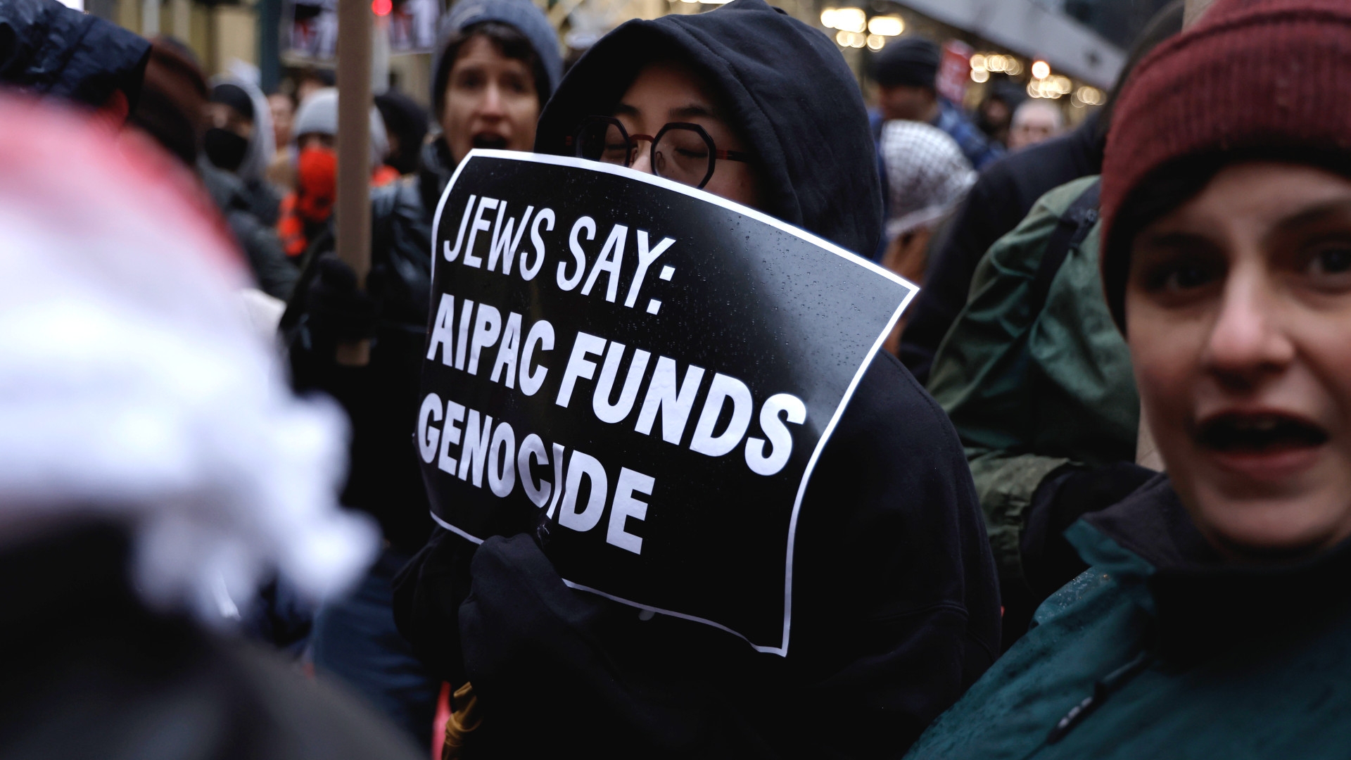 Protesters demonstrate outside of the New York office of the American Israel Public Affairs Committee (Aipac), a pro-Israel lobby group, for its role in influencing US support for Israel during the ongoing assault on Gaza, on 22 February 2024 (John Lamparski/Reuters)
