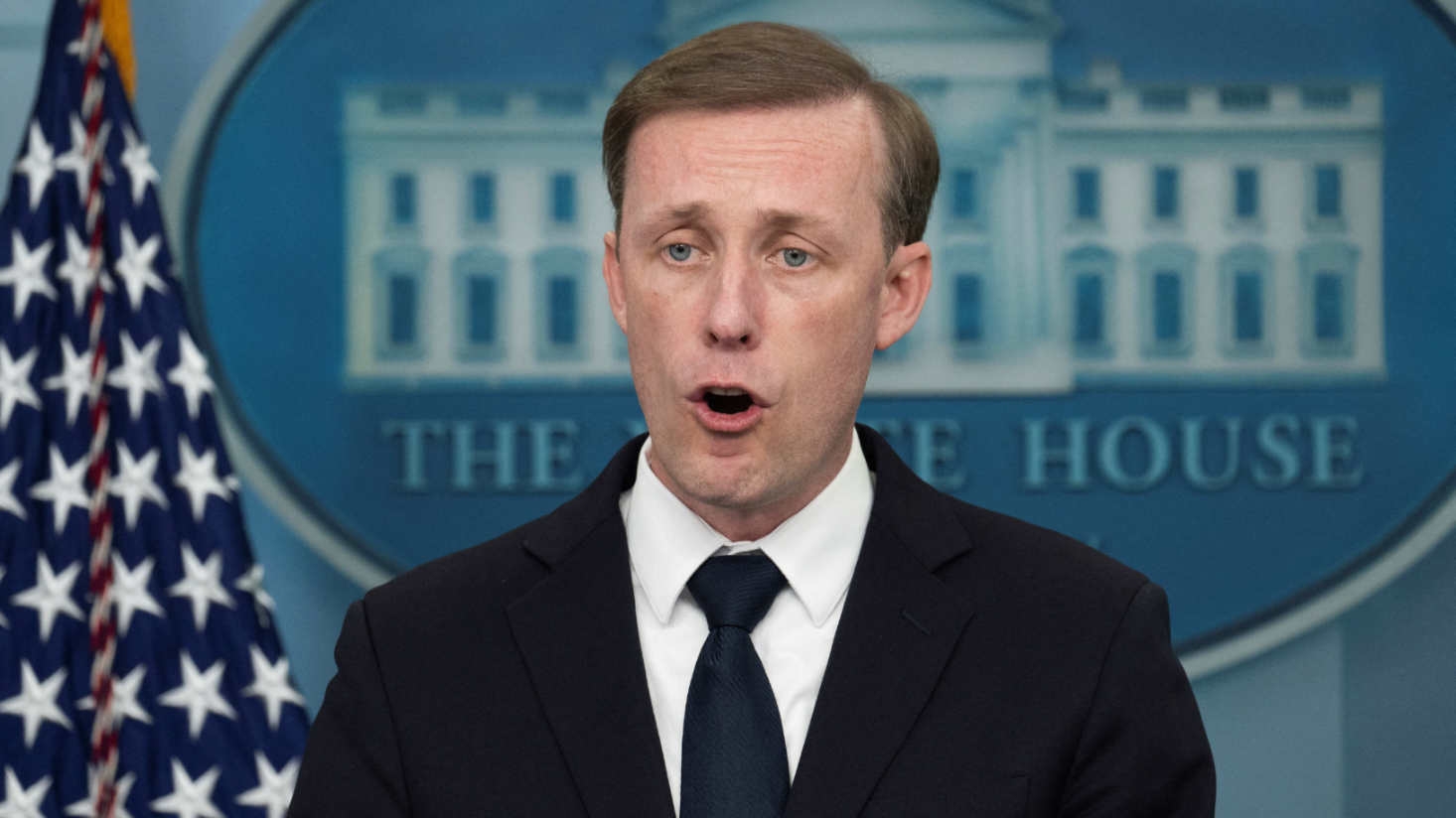 National Security Advisor Jake Sullivan speaks during the daily press briefing at the White House in Washington on 24 April 2023.
