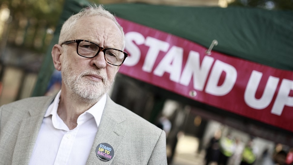 Jeremy Corbyn addresses demonstrators at an anti-racism protest in central London on 8 May 2024 (Benjamin Cremel/AFP)